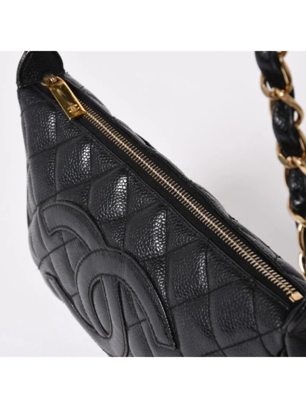 Chanel Chain Shoulder Bag Quilted Caviar Leather CC Logo Black Pouch